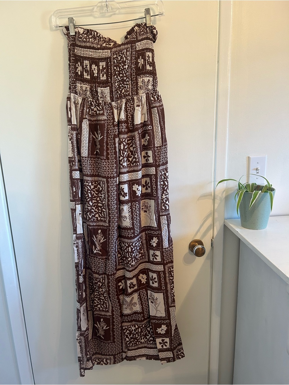 Smocked Strapless Maxi Dress in Brown and Cream